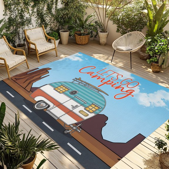 Indoor Outdoor Area Rugs,Let's Go Camping Words Washable Patio Rug Non-slip Quick Dry Camping Rugs,Blue White Travel Camper Van Floor Carpet for Porch Deck Backyard Decor,4x6ft