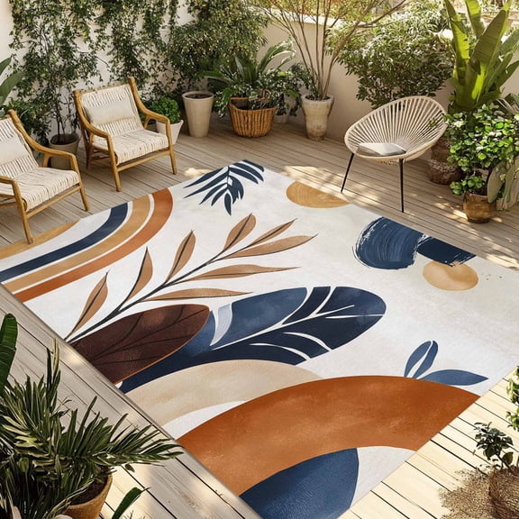 Indoor Outdoor Area Rugs,Mid Century Abstract Geometric Washable Patio Rug Non-slip Quick Dry Camping Rugs,Boho Leaves Nordic Arch Sun Floor Carpet for Porch Deck Backyard Decor,4x6ft