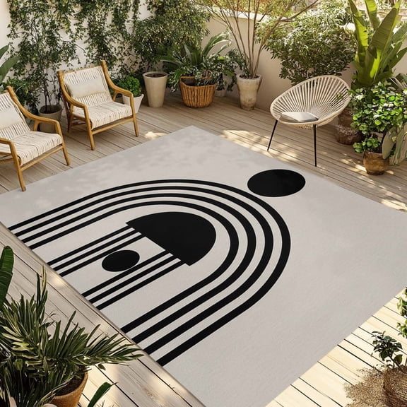 Indoor Outdoor Area Rugs,Mid Century Nordic Arch Circle Washable Patio Rug Non-slip Quick Dry Camping Rugs,Black Stripe on Beige Floor Carpet for Porch Deck Backyard Decor,4x6ft