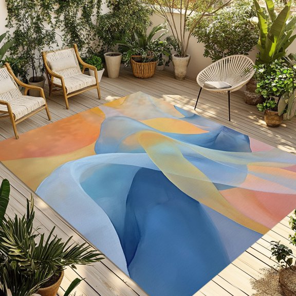 Indoor Outdoor Area Rugs,Modern Abstract Graffiti Art Washable Patio Rug Non-slip Quick Dry Camping Rugs,Blue Yellow Orange Ripple Floor Carpet for Porch Deck Backyard RV Decor,6x9ft