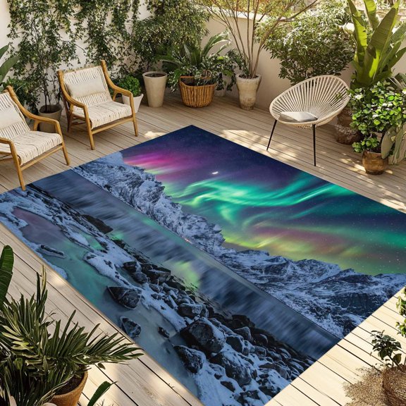 Indoor Outdoor Area Rugs,Modern Snow Mountains Lake Scenery Washable Patio Rug Non-slip Quick Dry Camping Rugs,Colorful Night Sky Floor Carpet for Porch Deck Backyard Decor,4x6ft