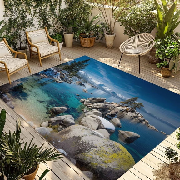 Indoor Outdoor Area Rugs,Nature Landscape Scenery Washable Patio Rug Non-slip Quick Dry Camping Rugs,Snow Mountain Lake Sky Floor Carpet for Porch Deck Backyard Decor,4x6ft