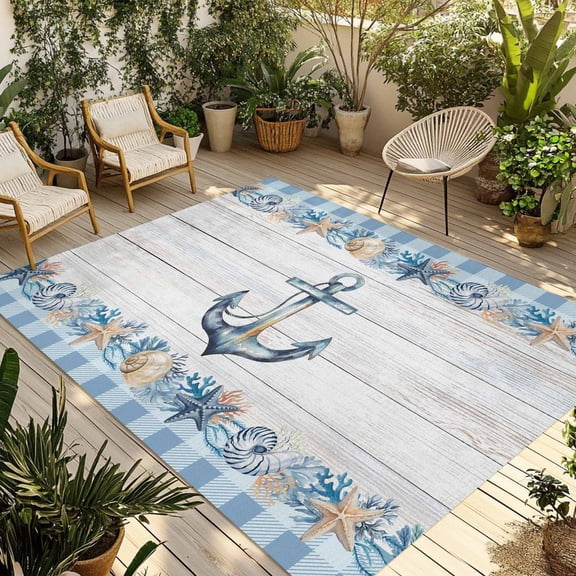 Indoor Outdoor Area Rugs,Nautical Anchor Conch Starfish Coral Washable Patio Rug Non-slip Quick Dry Camping Rugs,Vintage Wood Board Floor Carpet for Porch Deck Backyard Decor,4x6ft