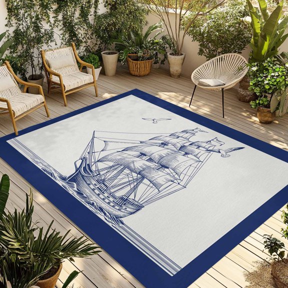 Indoor Outdoor Area Rugs,Nautical Blue Sailing Seagull on Retro Washable Patio Rug Non-slip Quick Dry Camping Rugs,Ocean Adventure Floor Carpet for Porch Deck Backyard Decor,4x6ft