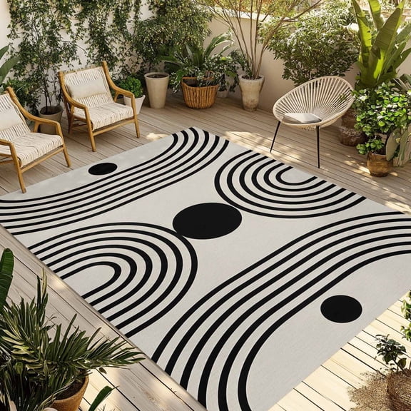 Indoor Outdoor Area Rugs,Nordic Abstract Black Stripe Circle Washable Patio Rug Non-slip Quick Dry Camping Rugs,Boho Arch on Beige Floor Carpet for Porch Deck Backyard Decor,4x6ft