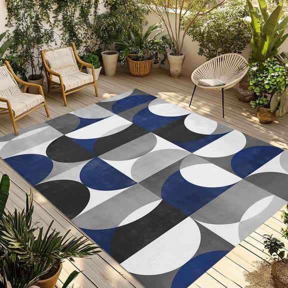 Indoor Outdoor Area Rugs,Nordic Mid Century Modern Washable Patio Rug Non-slip Quick Dry Camping Rugs,Blue Grey Semicircle Floor Carpet for Porch Deck Backyard Decor,4x6ft