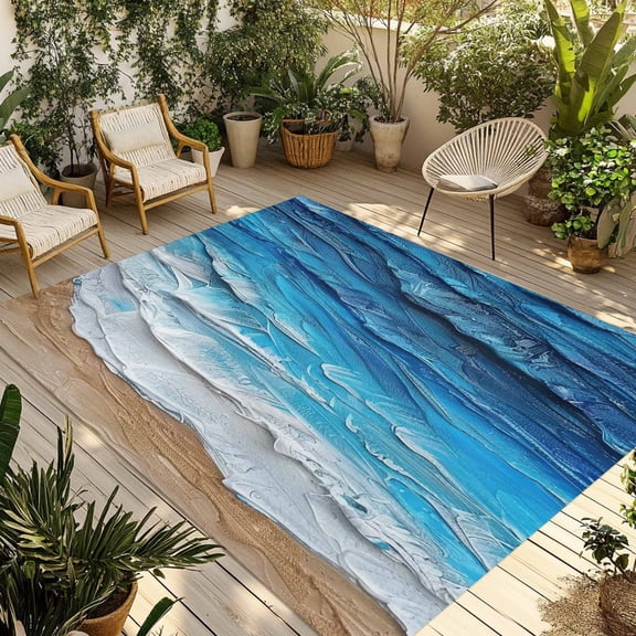 Indoor Outdoor Area Rugs,Ocean Beach Abstract Wave Oil Painting Style Washable Patio Rug Non-slip Quick Dry Camping Rugs,Coastal Blue Sea View Floor Carpet for Porch Deck Backyard Decor,4x6ft