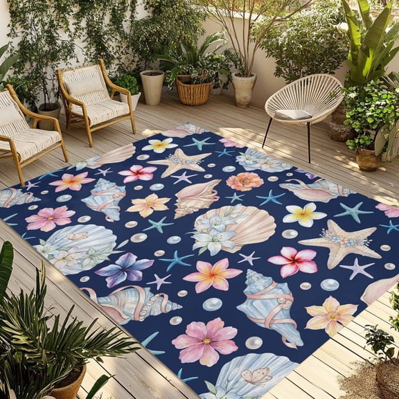 Indoor Outdoor Area Rugs,Ocean Starfish Shell Conch Pearl Washable Patio Rug Non-slip Quick Dry Camping Rugs,Summer Flower Navy Blue Back Floor Carpet for Porch Deck Backyard Decor,4x6ft