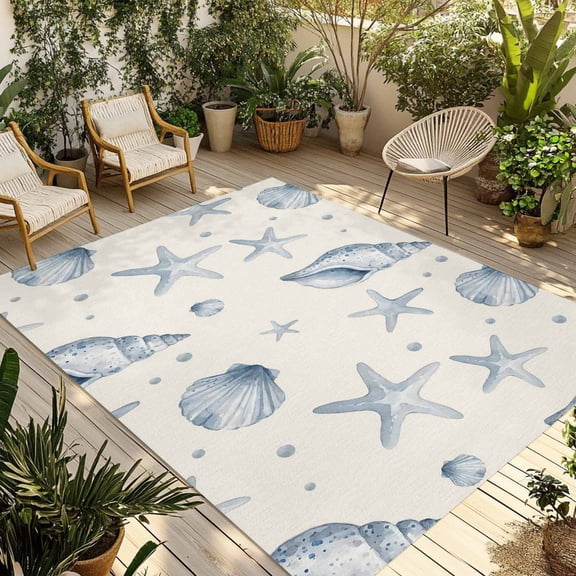 Indoor Outdoor Area Rugs,Ocean Starfish Shell Conch Washable Patio Rug Non-slip Quick Dry Camping Rugs,Coastal Marine Life Polka Dot Floor Carpet for Porch Deck Backyard Decor,4x6ft