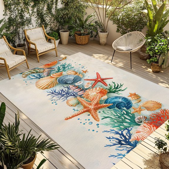 Indoor Outdoor Area Rugs,Ocean Starfish Shell Conch Washable Patio Rug Non-slip Quick Dry Camping Rugs,Sea Coral Underwater World Floor Carpet for Porch Deck Backyard Decor,4x6ft