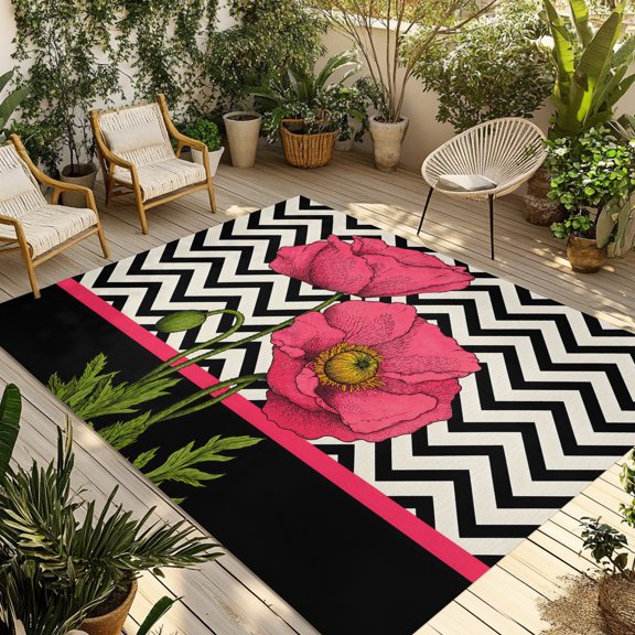 Indoor Outdoor Area Rugs,Pink Poppy Flower Retro Boho Washable Patio Rug Non-slip Quick Dry Camping Rugs,Abstract Black Herringbone Floor Carpet for Porch Deck Backyard RV Decor,4x6ft