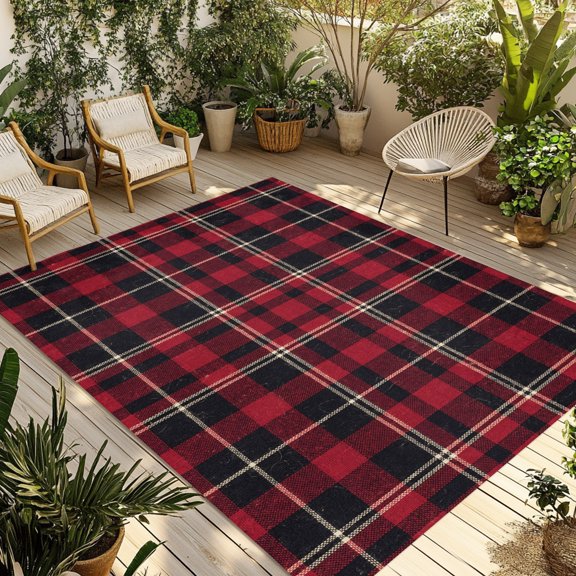 Indoor Outdoor Area Rugs,Red Black Buffalo Check Washable Patio Rug Non-slip Quick Dry Camping Rugs,Vintage Plaid Seamless Floor Carpet for Porch Deck Backyard RV Decor,4x6ft
