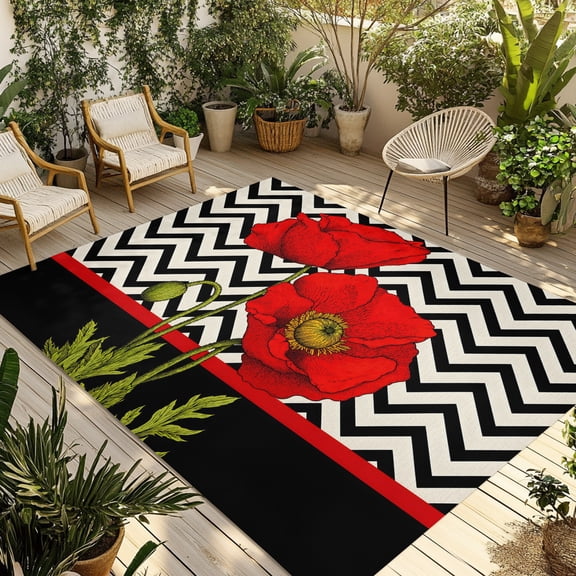 Indoor Outdoor Area Rugs,Red Poppy Flower Retro Boho Washable Patio Rug Non-slip Quick Dry Camping Rugs,Abstract Black Herringbone Floor Carpet for Porch Deck Backyard RV Decor,4x6ft