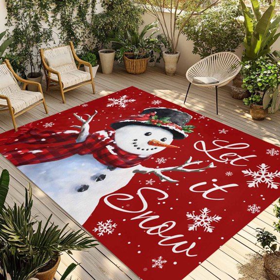 Indoor Outdoor Area Rugs,Red Snowman Christmas Snowflakes Seamless Washable Patio Rug Non-slip Quick Dry Camping Rugs,Winter Falling Snow Floor Carpet for Porch Deck Backyard RV Decor,4x6ft