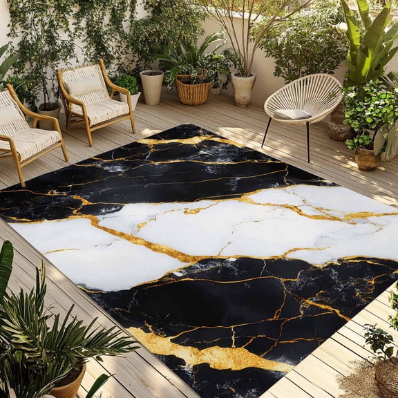 Indoor Outdoor Area Rugs,Retro Black Gold Marble Texture Washable Patio Rug Non-slip Quick Dry Camping Rugs,Abstract Cracks Art Floor Carpet for Porch Deck Backyard RV Decor,4x6ft