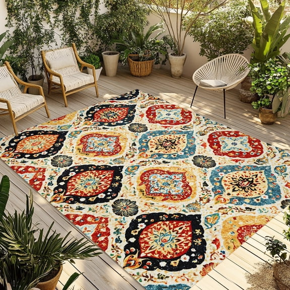 Indoor Outdoor Area Rugs,Retro Boho Moroccan Geometric Washable Patio Rug Non-slip Quick Dry Camping Rugs,Vintage Terracotta Art Floor Carpet for Porch Deck Backyard RV Decor,4x6ft