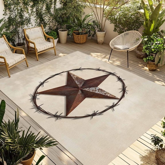 Indoor Outdoor Area Rugs,Retro Country Western Stars Washable Patio Rug Non-slip Quick Dry Camping Rugs,Pentagram on Linen Texture Floor Carpet for Porch Deck Backyard RV Decor,4x6ft