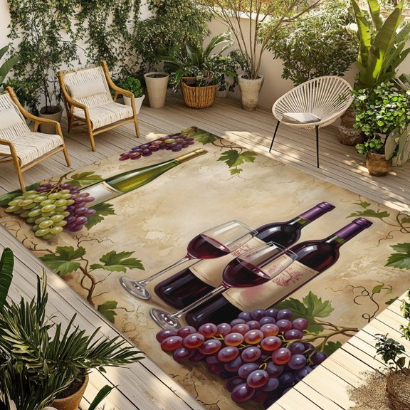 Indoor Outdoor Area Rugs,Rustic Grapes Wine Goblets Bottles Washable Patio Rug Non-slip Quick Dry Camping Rugs,Farmhouse Italian Manor Floor Carpet for Porch Deck Backyard Decor,4x6ft