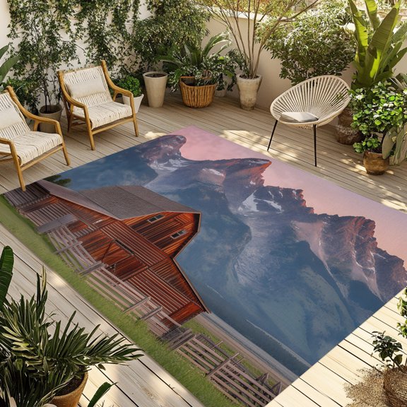 Indoor Outdoor Area Rugs,Rustic Red Barn Snow Mountain Washable Patio Rug Non-slip Quick Dry Camping Rugs,Farmhouse Natural Scenery Floor Carpet for Porch Deck Backyard RV Decor,4x6ft