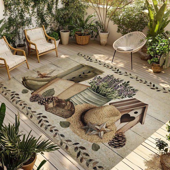 Indoor Outdoor Area Rugs,Rustic Retro Book Boot Cap Washable Patio Rug Non-slip Quick Dry Camping Rugs,Vintage Farmhouse Wood Board Floor Carpet for Porch Deck Backyard RV Decor,4x6ft