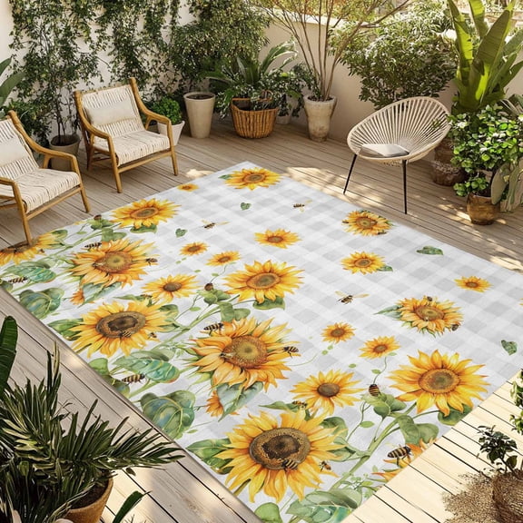 Indoor Outdoor Area Rugs,Rustic Yellow Sunflower Leaf Patio Rug Non-slip Quick Dry Camping Rugs,Cute Bee on Grey White Plaid Floor Carpet for Porch Deck Backyard Decor,4x6ft