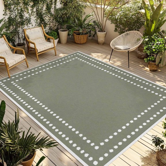 Indoor Outdoor Area Rugs,Sage Green Solid Color Patio Rug Non-slip Quick Dry Camping Rugs,White Polka Dots Floor Carpet for Porch Deck Backyard Decor,4x6ft