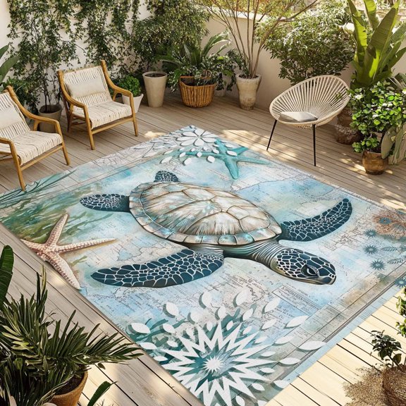 Indoor Outdoor Area Rugs,Sea Turtle Ocean Starfish Coral Washable Patio Rug Non-slip Quick Dry Camping Rugs,Vintage Map Blue Ocean World Floor Carpet for Porch Deck Backyard RV Decor,5x8ft