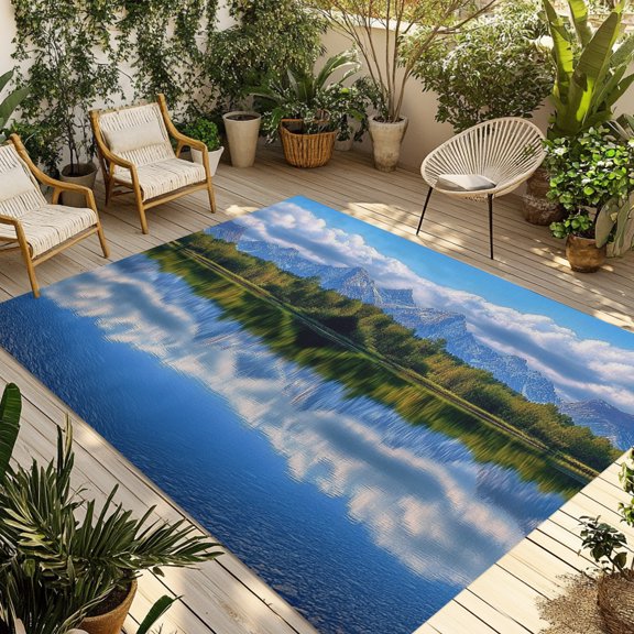 Indoor Outdoor Area Rugs,Snow Capped Mountain Washable Patio Rug Non-slip Quick Dry Camping Rugs,Lake Reflection Floor Carpet for Porch Deck Backyard Decor,4x6ft