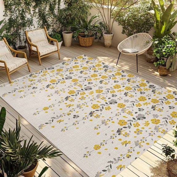 Indoor Outdoor Area Rugs,Spring Flower Vines Retro Linen Washable Patio Rug Non-slip Quick Dry Camping Rugs,Yellow Fallen Leaves Seamless Floor Carpet for Porch Deck Backyard RV Decor,4x6ft