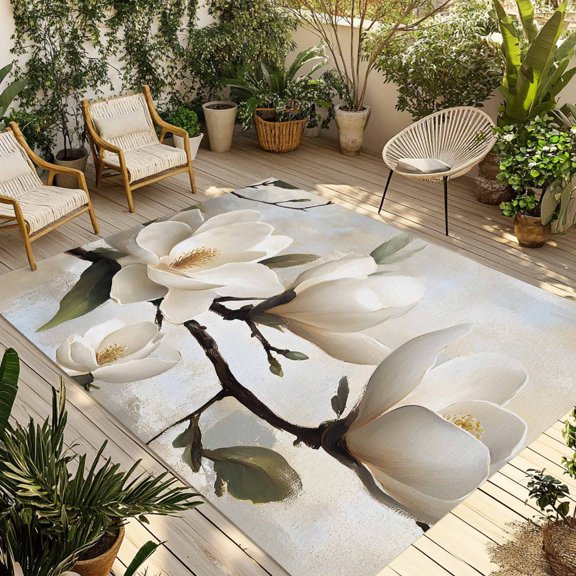 Indoor Outdoor Area Rugs,Spring Tulip White Floral on Branch Washable Patio Rug Non-slip Quick Dry Camping Rugs,Still Life Flower Art Floor Carpet for Porch Deck Backyard RV Decor,4x6ft