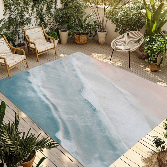 Indoor Outdoor Area Rugs,Summer Beach Blue Ocean Washable Patio Rug Non-slip Quick Dry Camping Rugs,Coastal Waves Water Ripples Floor Carpet for Porch Deck Backyard RV Decor,4x6ft