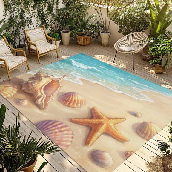 Indoor Outdoor Area Rugs,Summer Beach Ocean Starfish Conch Washable Patio Rug Non-slip Quick Dry Camping Rugs,Marine Theme Sea Shell Floor Carpet for Porch Deck Backyard Decor,4x6ft