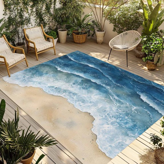 Indoor Outdoor Area Rugs,Summer Beach Waves Coastal Washable Patio Rug Non-slip Quick Dry Camping Rugs,Blue Sea Water Floor Carpet for Porch Deck Backyard RV Decor,4x6ft