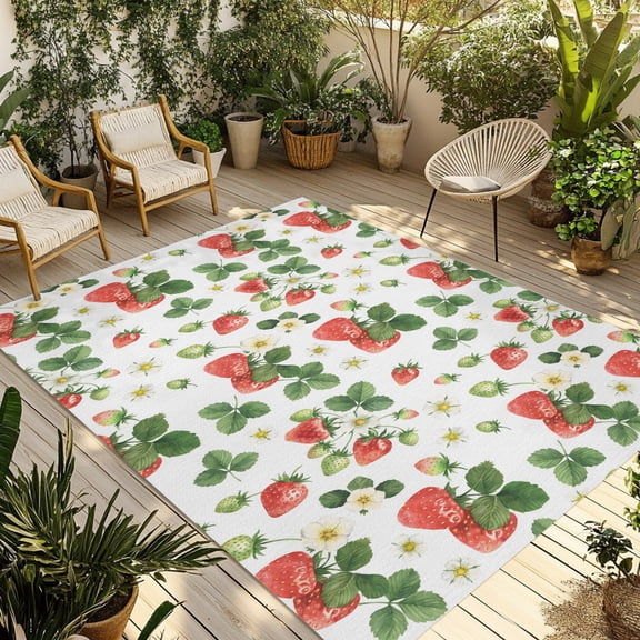 Indoor Outdoor Area Rugs,Summer Green Red Strawberries Washable Patio Rug Non-slip Quick Dry Camping Rugs,Pastoral Flower Leaves Floor Carpet for Porch Deck Backyard Decor,4x6ft