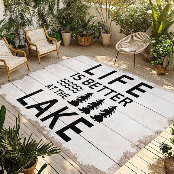 Indoor Outdoor Area Rugs,Summer Quotes Lake and Forest Washable Patio Rug Non-slip Quick Dry Camping Rugs,Farm Wooden Frain Floor Carpet for Porch Deck Backyard RV Decor,4x6ft