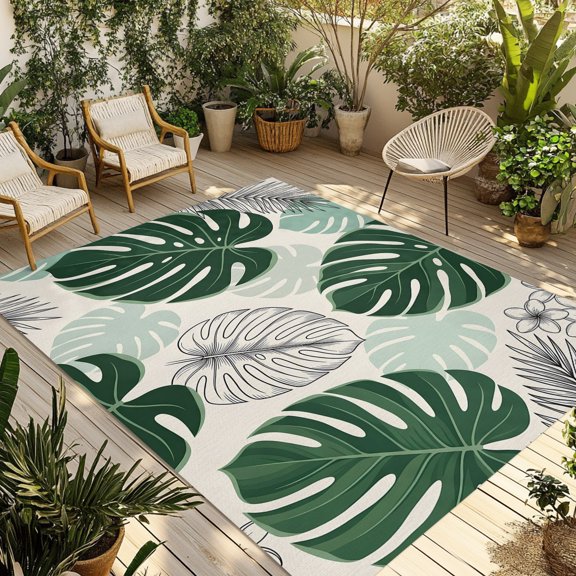 Indoor Outdoor Area Rugs,Summer Tropical Monstera Leaves Washable Patio Rug Non-slip Quick Dry Camping Rugs,Green Palm Frond Floor Carpet for Porch Deck Backyard RV Decor,4x6ft
