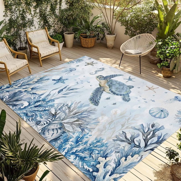Indoor Outdoor Area Rugs,Summer Watercolor Ocean Life Washable Patio Rug Non-slip Quick Dry Camping Rugs,Sea Turtle Coral Seaweed Conch Floor Carpet for Porch Deck Backyard Decor,4x6ft