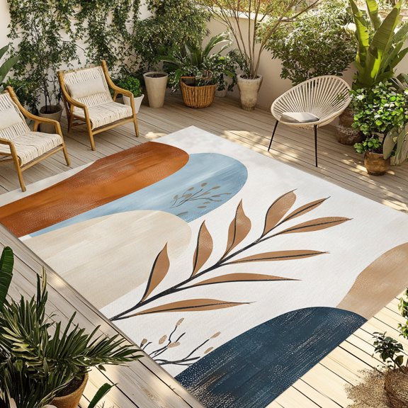 Indoor Outdoor Area Rugs,Terracotta Aesthetic Abstract Leaves Patio Rug Non-slip Quick Dry Camping Rugs,Bohemian Nordic Style Floor Carpet for Porch Deck Backyard Decor,4x6ft