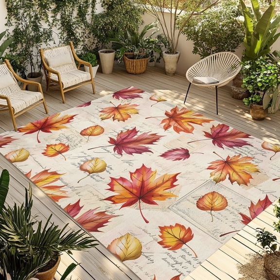 Indoor Outdoor Area Rugs,Thanksgiving Farm Maple Leaves Washable Patio Rug Non-slip Quick Dry Camping Rugs,Autumn Leaf Retro Letter Floor Carpet for Porch Deck Backyard RV Decor,4x6ft