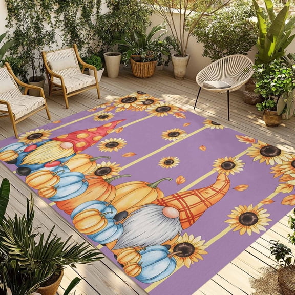 Indoor Outdoor Area Rugs,Thanksgiving Pumpkin Gnome Washable Patio Rug Non-slip Quick Dry Camping Rugs,Autumn Sunflower Purple Floor Carpet for Porch Deck Backyard RV Decor,4x6ft