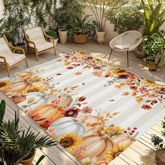Indoor Outdoor Area Rugs,Thanksgiving Pumpkin Sunflowers Washable Patio Rug Non-slip Quick Dry Camping Rugs,Watercolor Striped Floor Carpet for Porch Deck Backyard RV Decor,4x6ft
