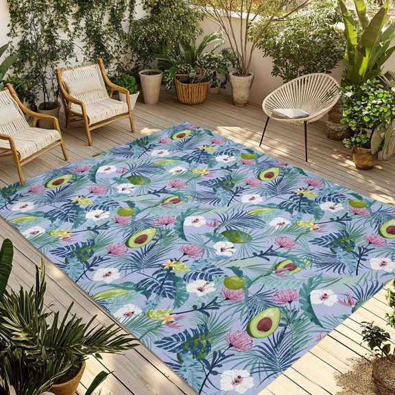 Indoor Outdoor Area Rugs,Tropical Avocado Fruit and Flower Washable Patio Rug Non-slip Quick Dry Camping Rugs,Watercolor Botanical Leaves Floor Carpet for Porch Deck Backyard Decor,4x6ft