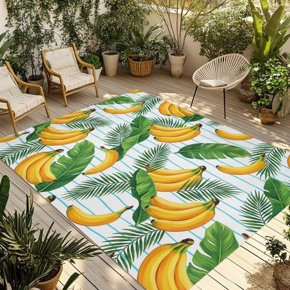 Indoor Outdoor Area Rugs,Tropical Leaves Fruit Bananas Washable Patio Rug Non-slip Quick Dry Camping Rugs,Green Striped Background Floor Carpet for Porch Deck Backyard Decor,4x6ft