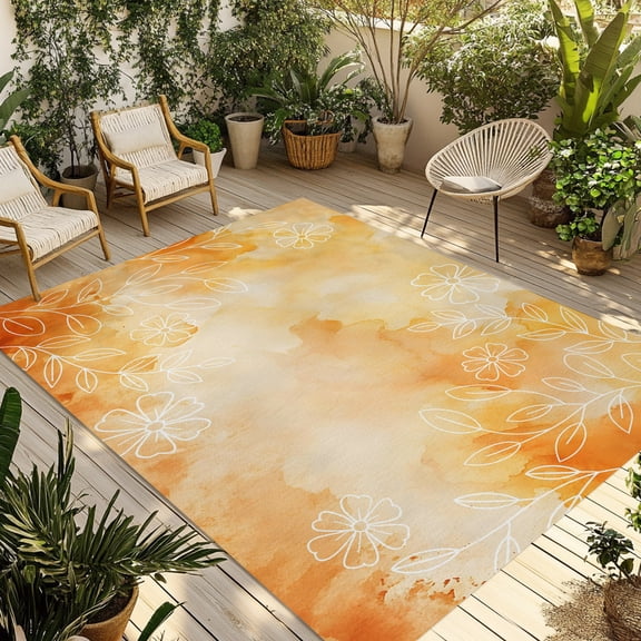 Indoor Outdoor Area Rugs,Watercolor Flowers Sketch Washable Patio Rug Non-slip Quick Dry Camping Rugs,Orange Floor Carpet for Porch Deck Backyard RV Decor,4x6ft