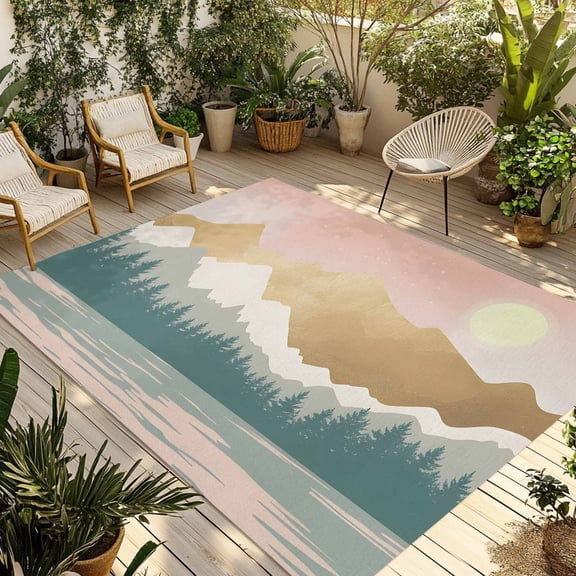 Indoor Outdoor Area Rugs,Watercolor Mountain Lake Patio Rug Non-slip Quick Dry Camping Rugs,Mid-century Modern Sunset Floor Carpet for Porch Deck Backyard Decor,4x6ft
