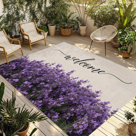 Indoor Outdoor Area Rugs,Watercolor Purple Lavender Flower on Linen Washable Patio Rug Non-slip Quick Dry Camping Rugs,Spring Botanical Floor Carpet for Porch Deck Backyard RV Decor,4x6ft