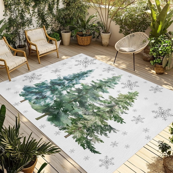 Indoor Outdoor Area Rugs,White Christmas Tree Winter Snowflake Washable Patio Rug Non-slip Quick Dry Camping Rugs,Snow Scene Merry Xmas Floor Carpet for Porch Deck Backyard RV Decor,4x6ft