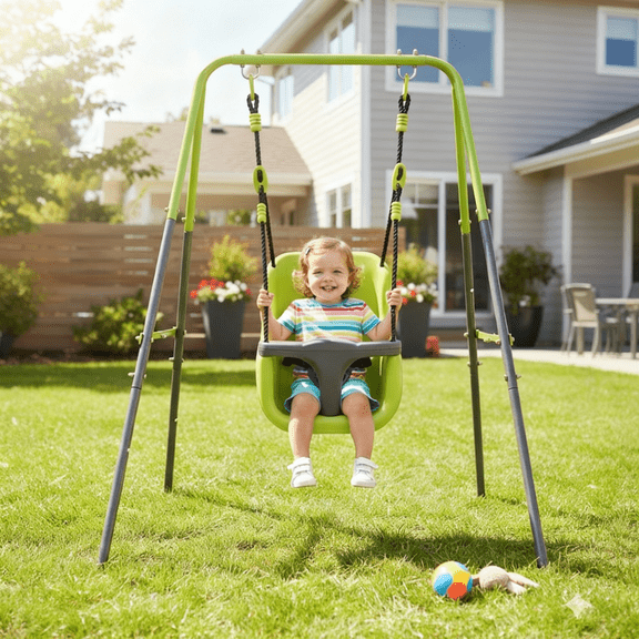 Indoor-Outdoor Baby Swing with Safety Seat, Sturdy Kids Toddler Swing Set with Heavy Duty A-Frame Metal Stand for Backyard, Playground and Nursery, 57" L x 37" W x 46" H