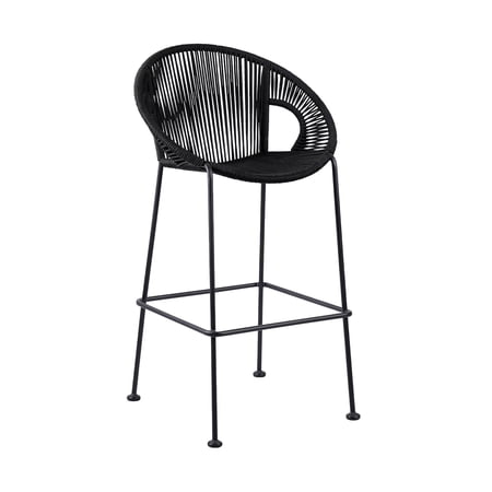 Indoor Outdoor Bar Stool with Rounded Rope Woven Seat, Black