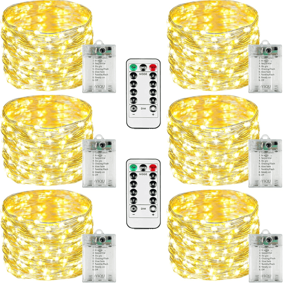 Goyuon Indoor/Outdoor Battery-Powered Remote Control Dimmable Timer Waterproof LED Fairy String Lights 6 Pack